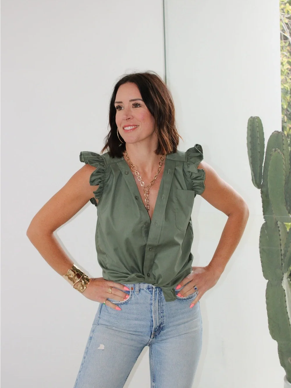 KMJ Ruffled Sleeve  Button-Front Top -  Green - Picture 13 of 14